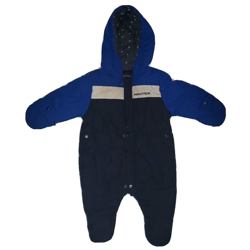 Nautica Size 0/3m Infant Snow Suit Full Zipper Front Blue Snap Over Mittens